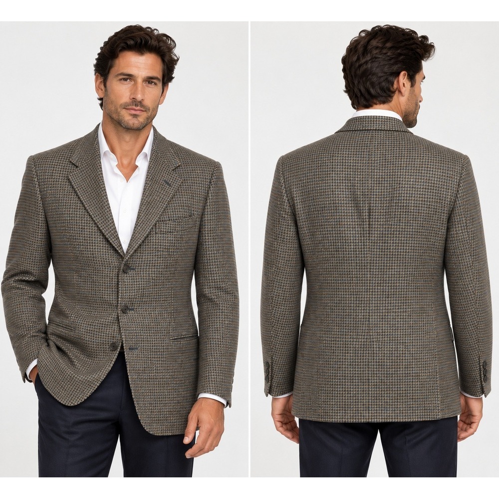Canali Milano Mens Wool Silk Houndstooth Blazer Sport Coat Brown Blue Size 48 L